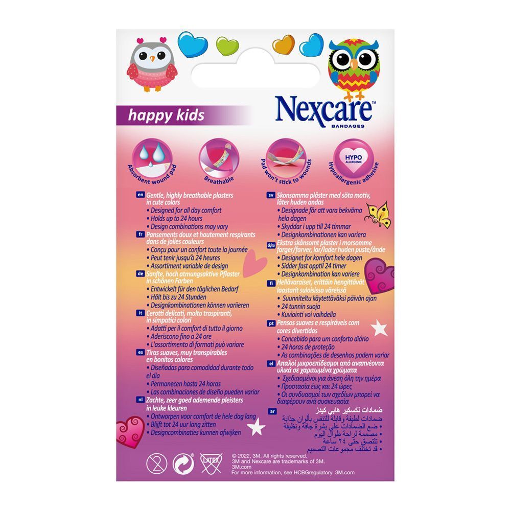 Achterkant van de Nexcare Happy Kids pleisterverpakking. Bevat informatie over eigenschappen en design.