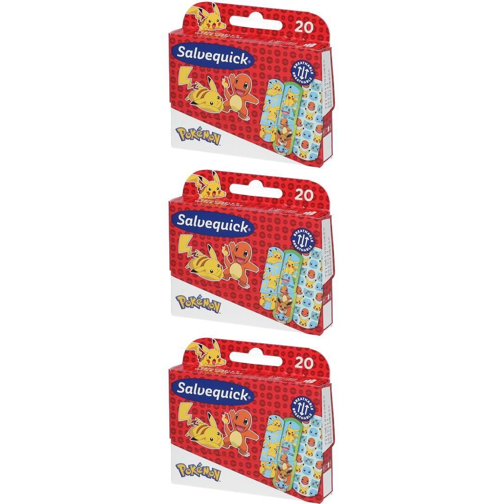 Trois boîtes de Salvequick® Pokémon. Emballage rouge avec personnages Pokémon et pansements. Contient 20 pansements.