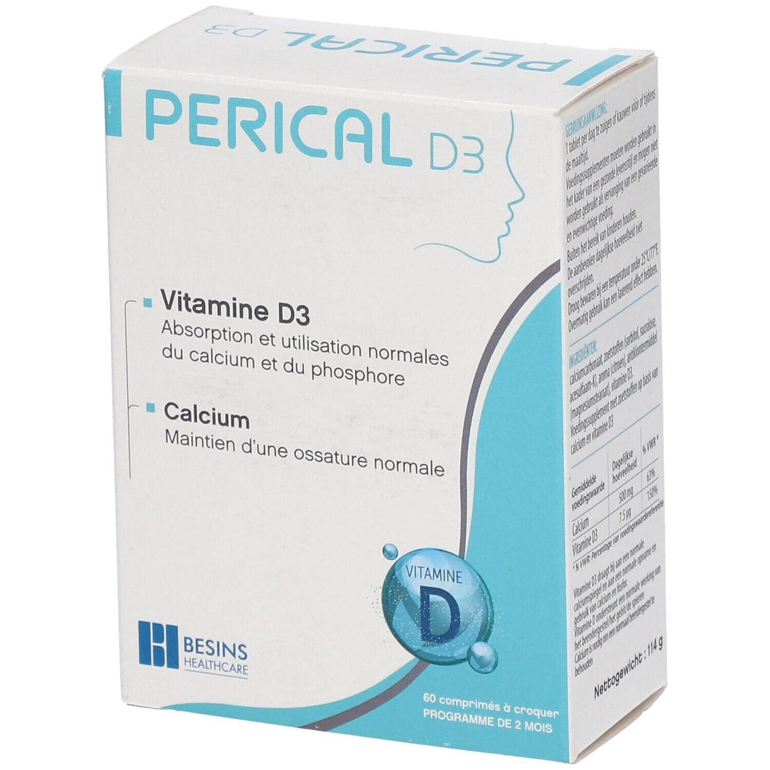 Witte doos met PERICAL D3. Bevat vitamine D3 en calcium. Merk Besins Healthcare. 60 tabletten, programma van 2 maanden.
