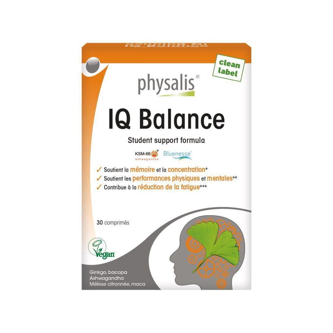 Boîte de Physalis® IQ Balance. Boîte blanche avec couvercle orange. Texte: IQ Balance, 30 comprimés, vegan. Illustration d'un cerveau.