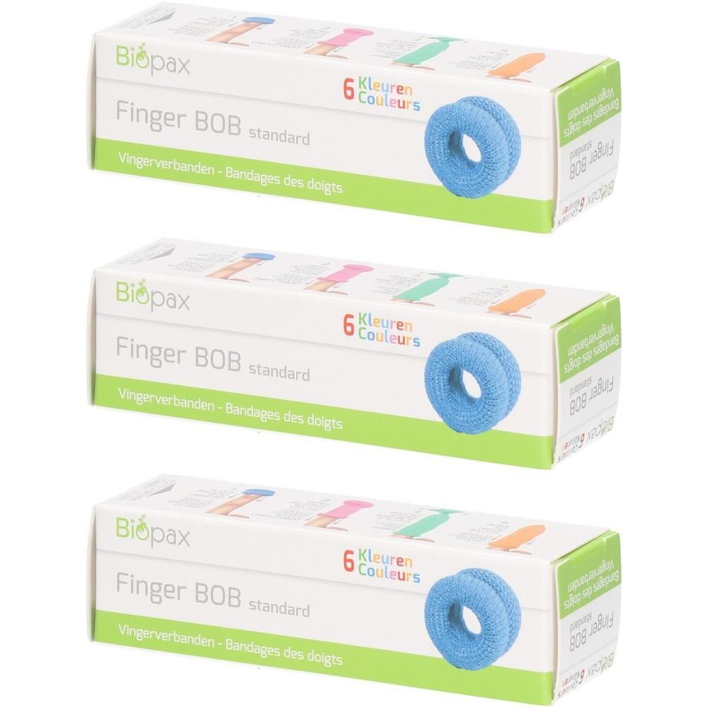 Drie dozen Finger BOB. Elke doos toont twee blauwe vingerverbanden. Opschrift: Biopax, Finger BOB standard, 6 kleuren.