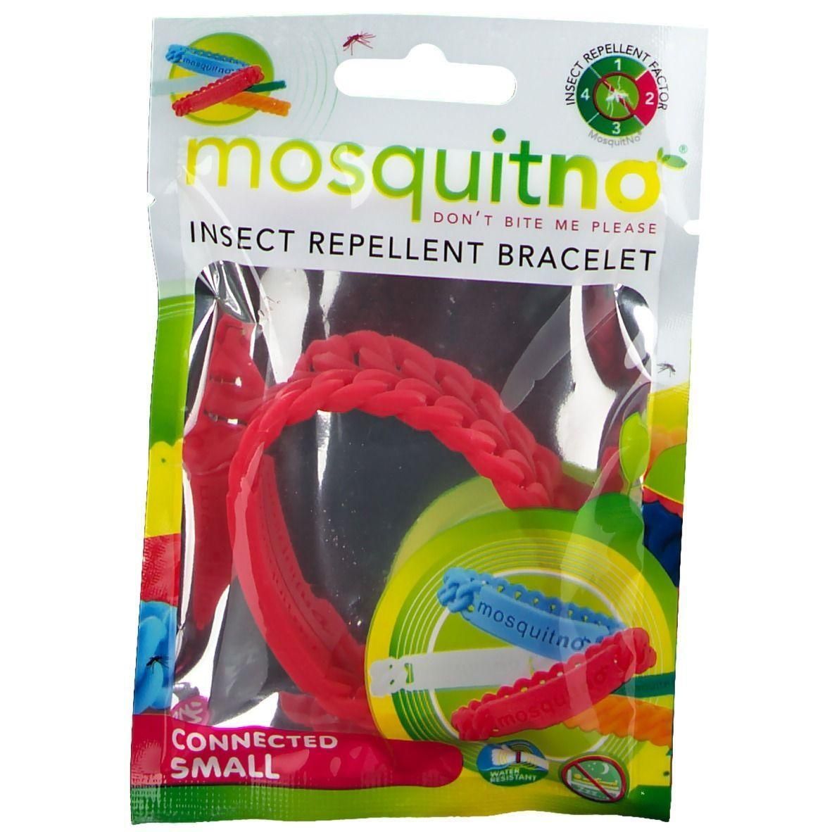 Emballage avec bracelet rouge. Inscription : "Mosquitno Insect Repellent Bracelet". Petite taille.