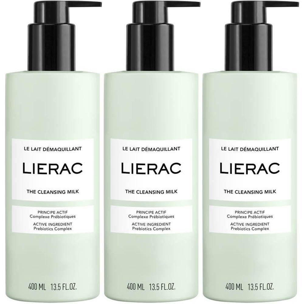 Trois flacons de Lierac Le Lait Démaquillant. Flacons vert clair avec pompe noire. Inscription : Lierac, The Cleansing Milk.