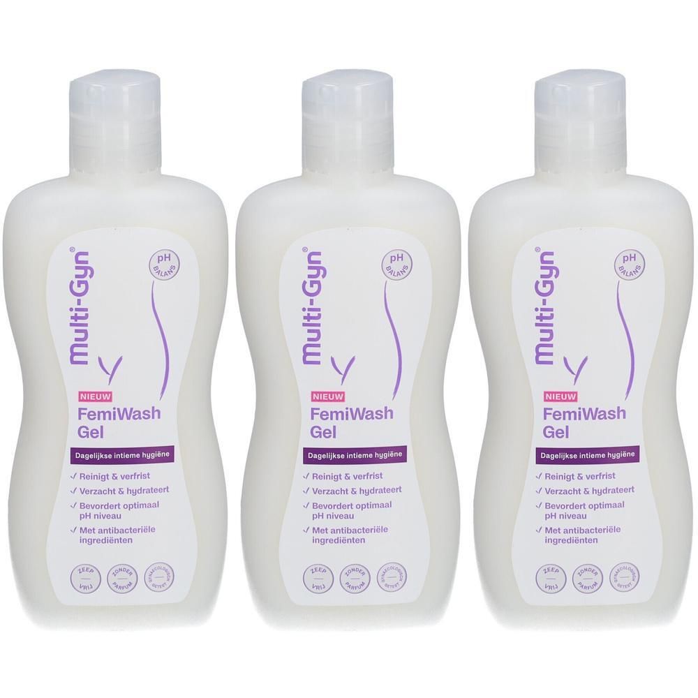 Drie flessen witte gel. Op elke fles staat "Multi-Gyn FemiWash Gel". 