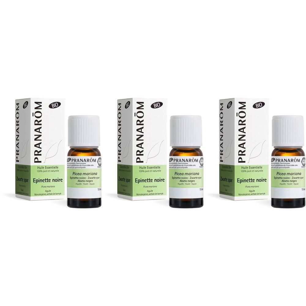 Trois flacons d'huile essentielle Epinette Noire Bio avec emballage. Marque Pranarôm, certification Bio.