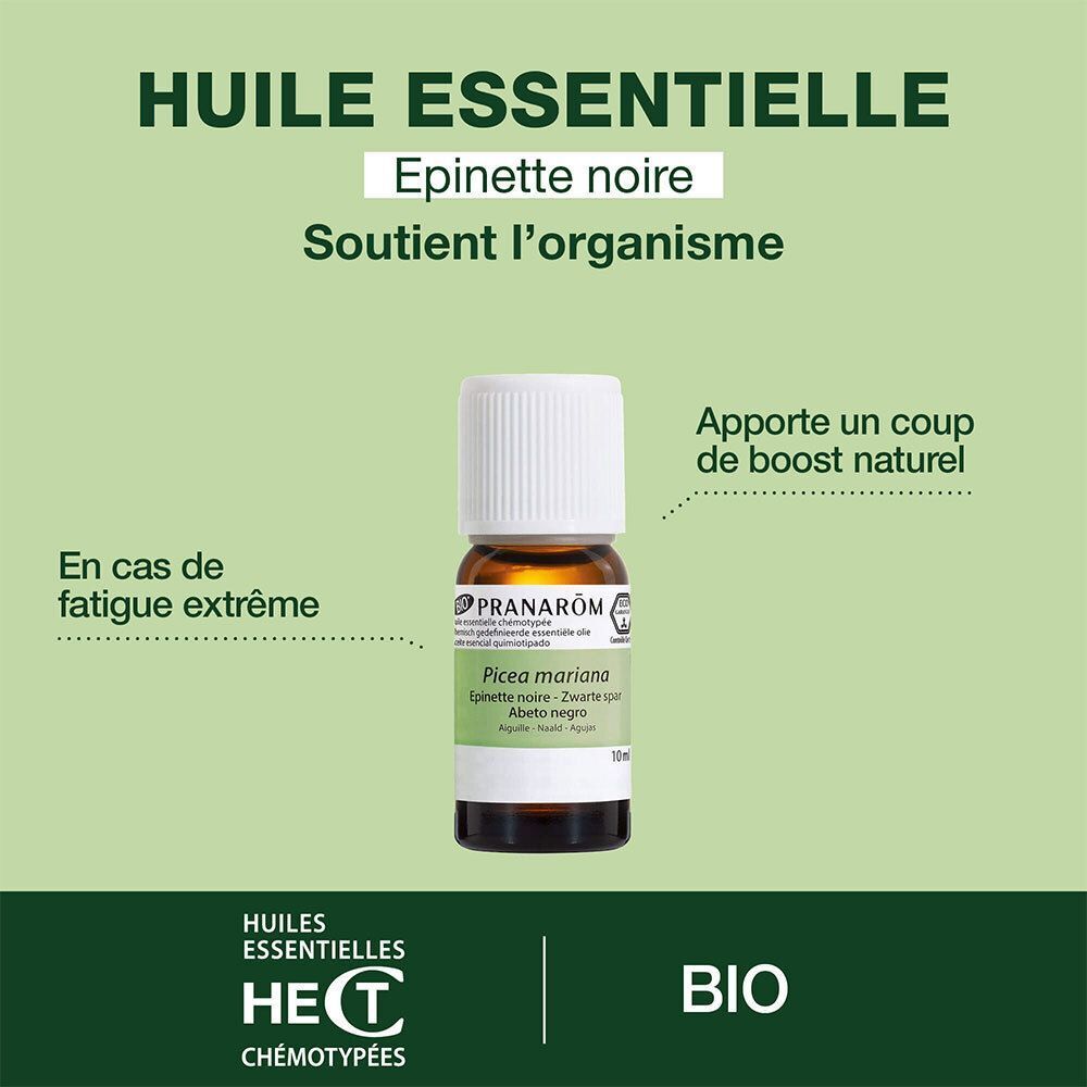 Flacon d'huile essentielle Epinette Noire. Texte: Huile Essentielle, Soutient l'organisme. Marque Pranarôm, certification Bio.