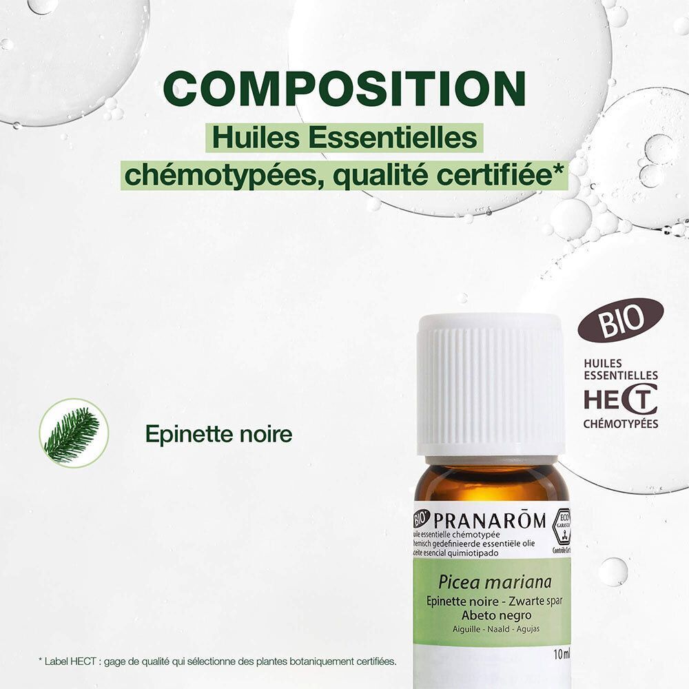 Flacon d'huile essentielle Epinette Noire. Texte: Composition, Huiles Essentielles chémotypées. Marque Pranarôm, certification Bio.