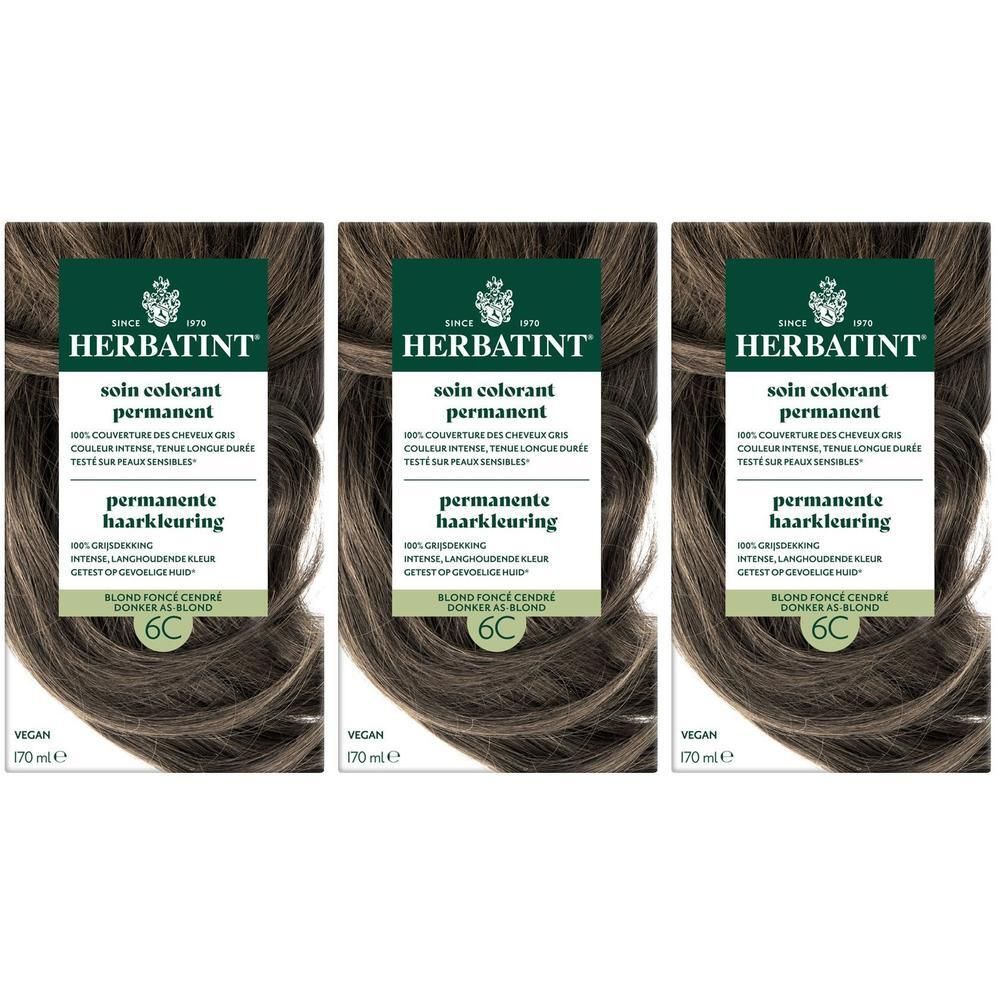 Trois boîtes Herbatint 6C Blond Foncé Cendré. Coloration permanente. Vegan. 170 ml.
