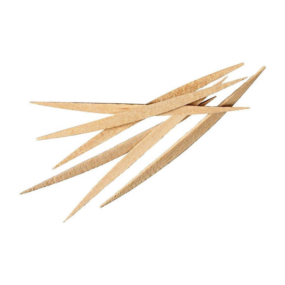 Verschillende houten tandenstokers. Smalle, puntige vorm. Natuurlijke houtkleur.
