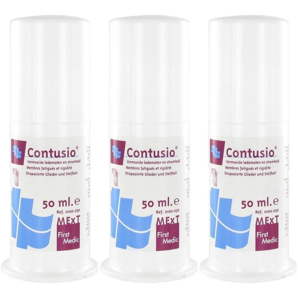 Drie witte flessen met etiketten. De etiketten tonen "Contusio" en andere informatie. 50 ml.