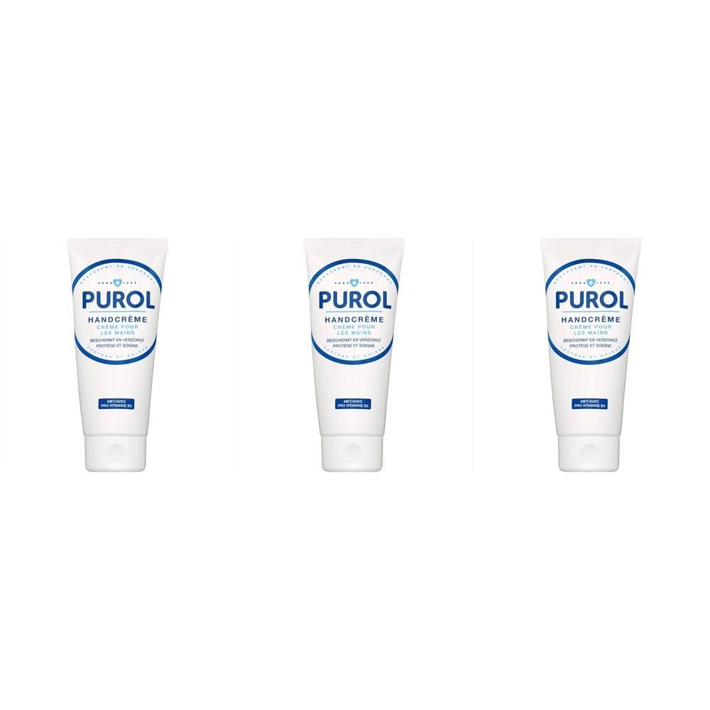 Trois tubes de crème pour les mains. Blancs, avec logo bleu et texte PUROL. Inscription : Handcreme, Lait riche, hydratant et protecteur.