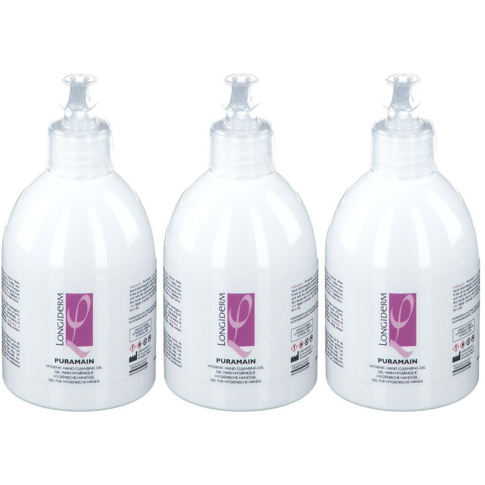 Trois flacons blancs avec pompe. Étiquettes avec logo violet et texte. Nom du produit: Puramain.