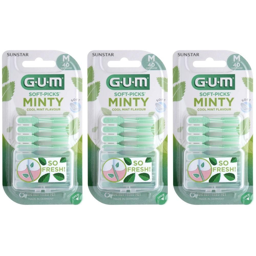 Drie verpakkingen GUM Soft-Picks Minty Medium. Elke verpakking bevat 40 picks. Verpakking met productnaam en logo.