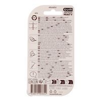 Dos de l'emballage GUM Soft-Picks Minty. Texte multilingue, pictogrammes et informations d'utilisation.