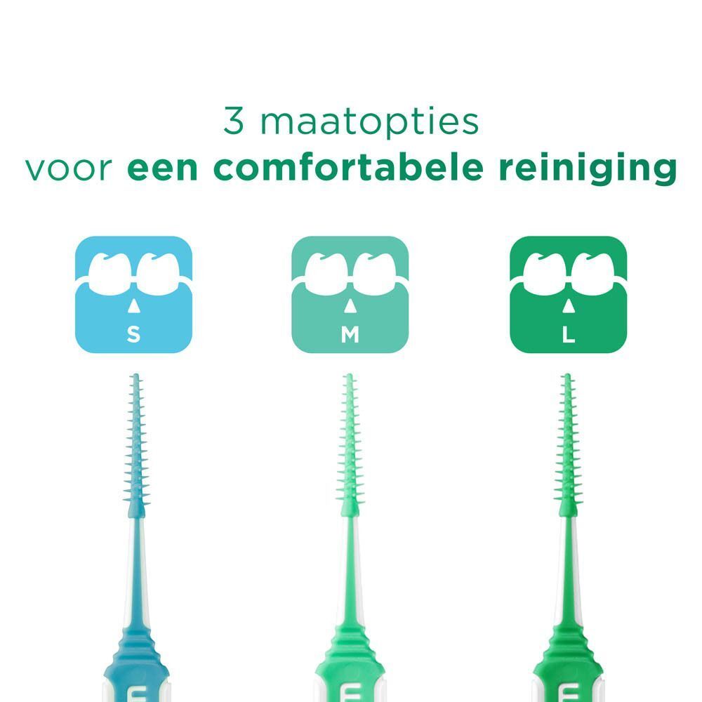 Achterkant van de verpakking van GUM Soft-Picks Minty. Meertalige tekst, pictogrammen en gebruiksinformatie.