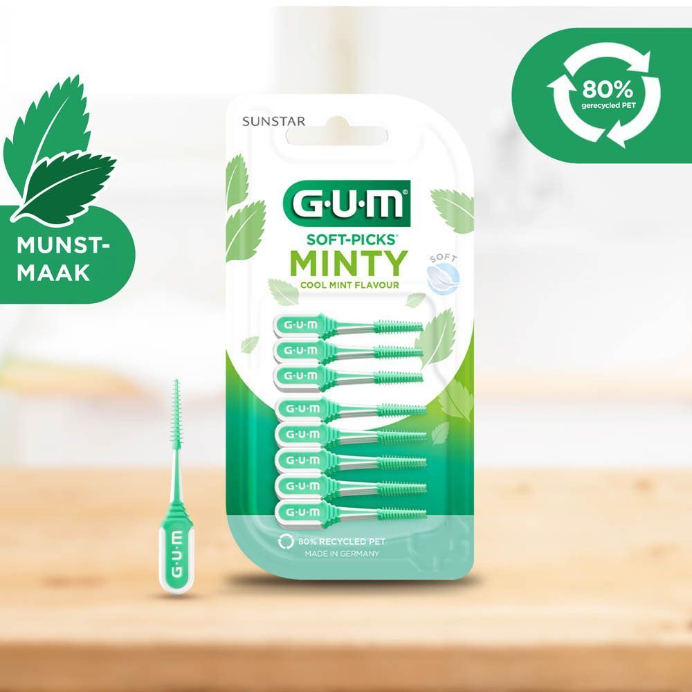 GUM Soft-Pick en illustraties. Tekst: Wanneer gebruiken? Op kantoor, thuis, waar je maar wilt.