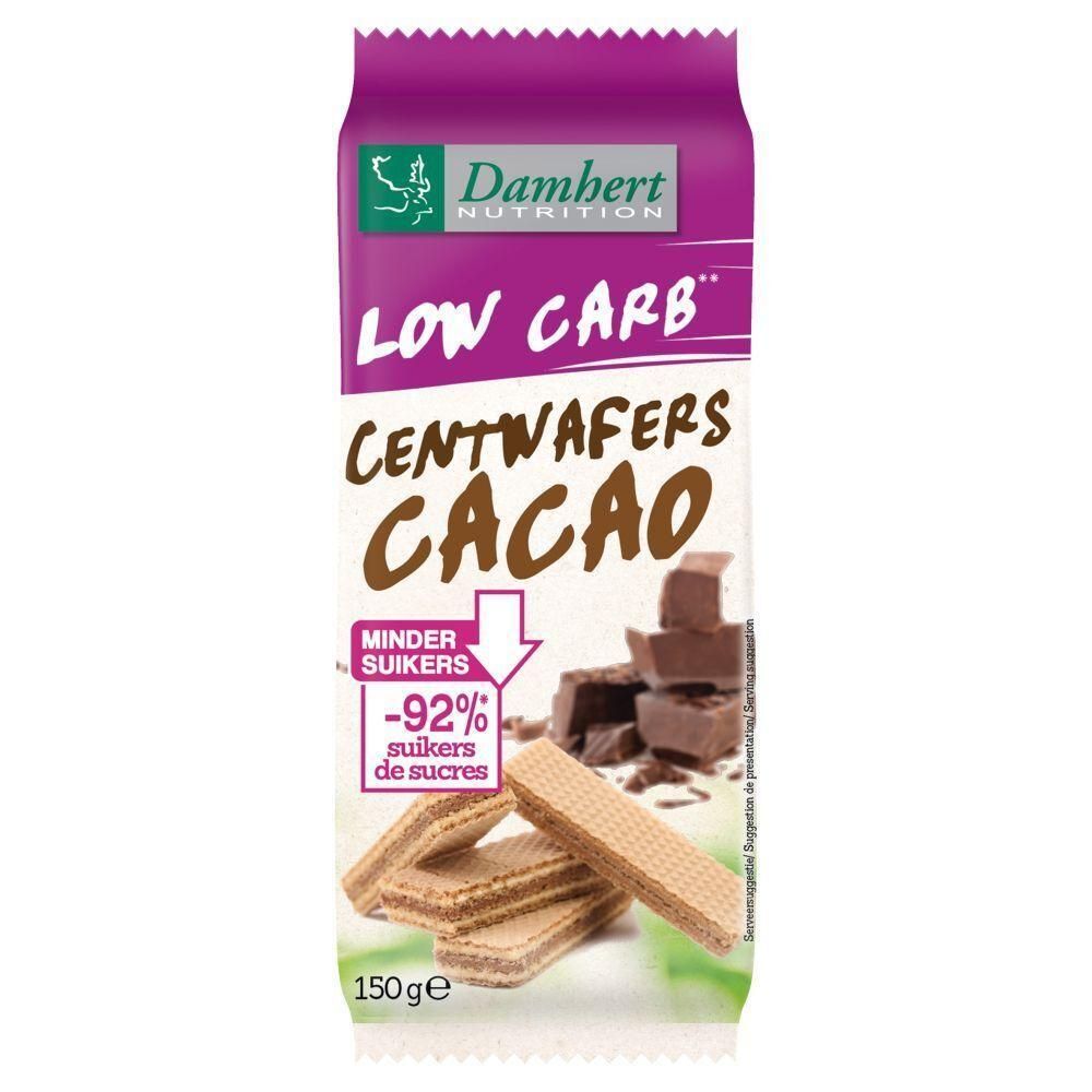 Paquet de Damhert Centwafers Cacao. Inscription : Low Carb, -92% de sucres. On voit des gaufrettes et des morceaux de chocolat.