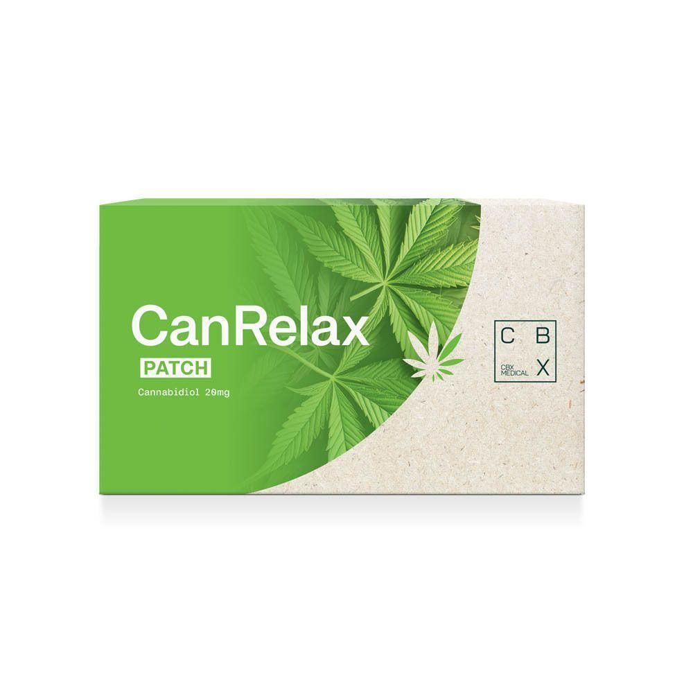 Verpakking van CBX Medical CanRelax Patch. Groen-witte doos met tekst CanRelax Patch en cannabisbladmotief.