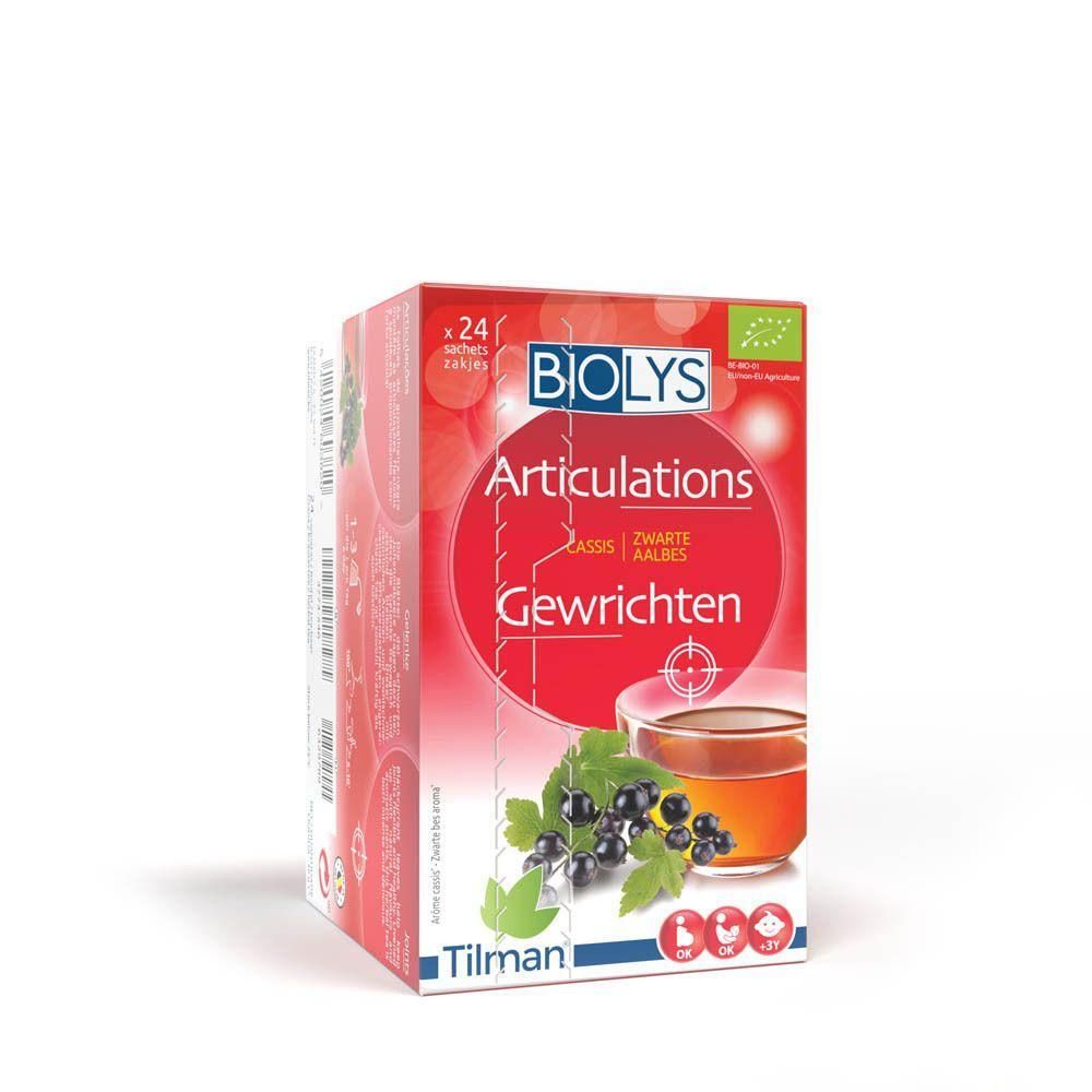 Verpakking Biolys Articulations Cassis. Rode doos met productnaam, afbeelding van zwarte bessen en een kopje thee.