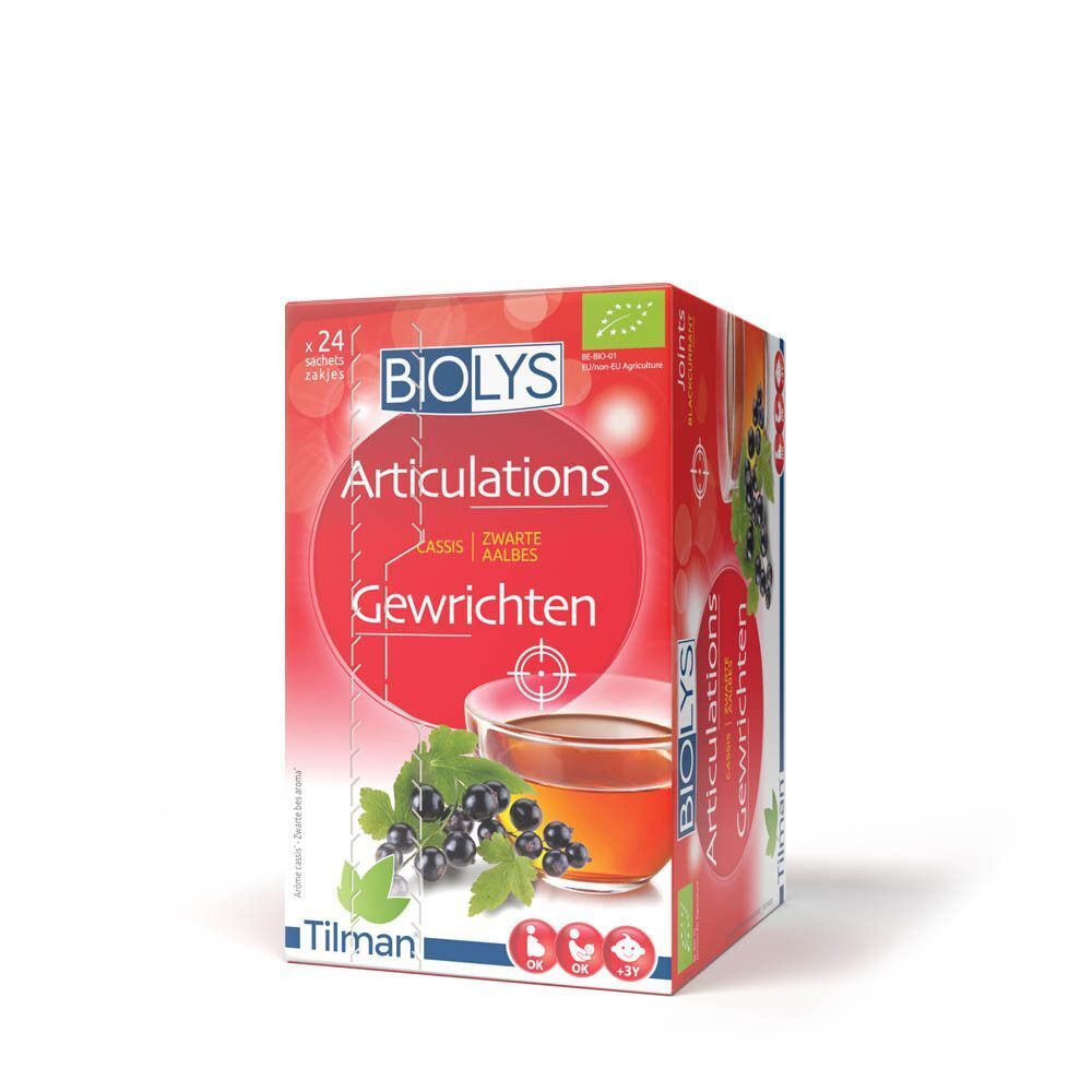 Verpakking Biolys Articulations Cassis. Rode doos met productnaam, afbeelding van zwarte bessen en een kopje thee.