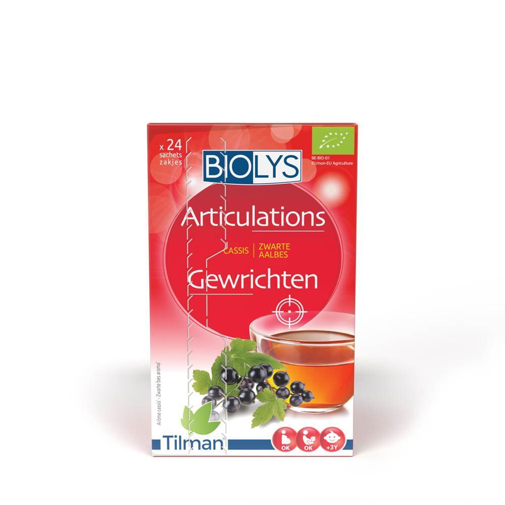Emballage Biolys Articulations Cassis. Boîte rouge avec nom du produit, illustration de cassis et une tasse de thé.