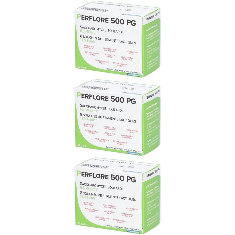 Trois boîtes de Periflore 500 PG. Inscription: Saccharomyces Boulardii, 8 Souches de Ferments Lactiques. Emballage vert et blanc.
