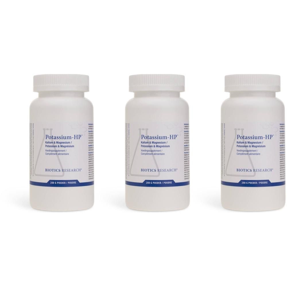 Drie witte flessen met het label "Potassium-HP". Opschrift: Kalium & Magnesium. Merk: Biotics Research.