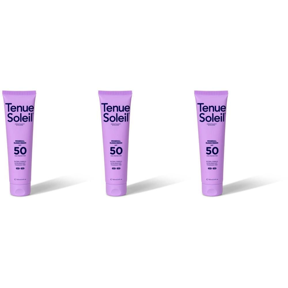 Trois tubes de crème solaire violets, avec l'inscription Tenue Soleil et SPF 50.