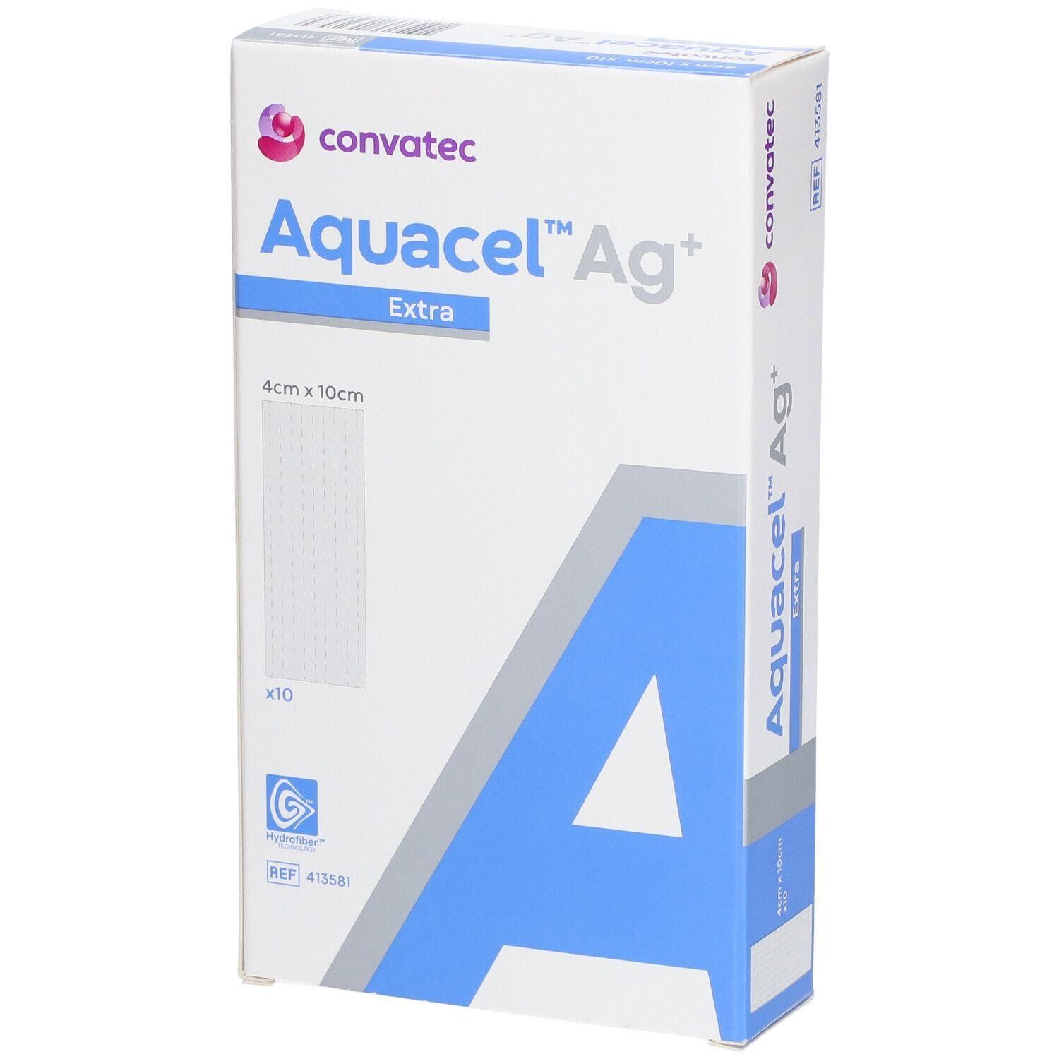 Verpakking Aquacel Ag+ Extra Hydrofiber Pansement. Wit, met blauwe en grijze elementen. Afmeting: 4cm x 10cm. Merk: Convatec.