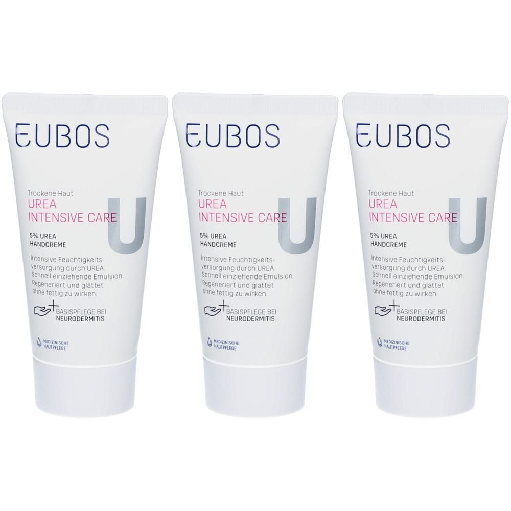 Drie tubes Eubos Urea 5% handcrème. Witte tubes met tekst en logo. Opschrift: Urea Intensive Care. Voor de droge huid.