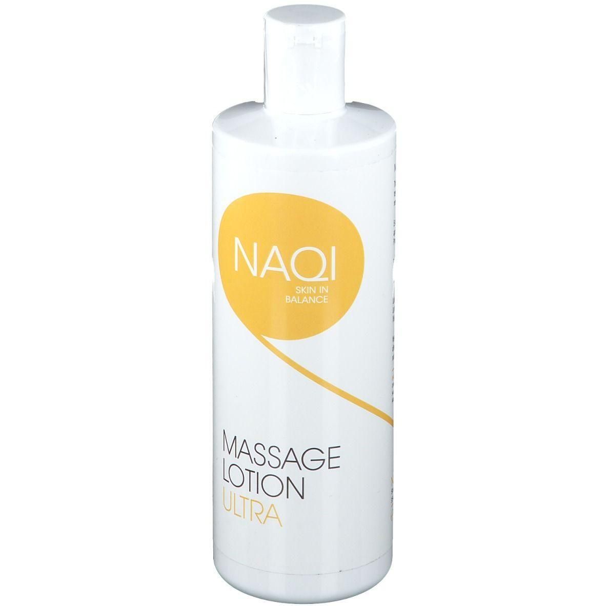 Witte fles met geel etiket. Opschrift NAQI, Massage Lotion Ultra. Skin in Balance.