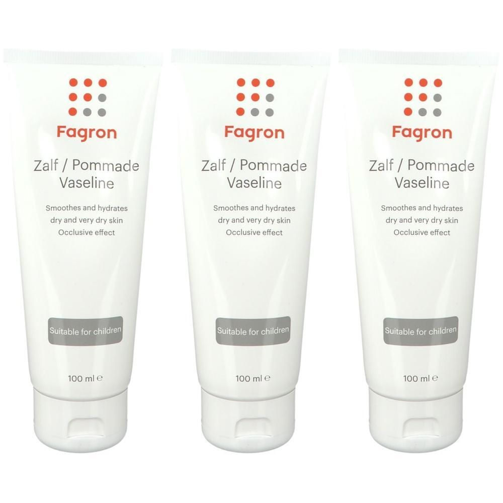Trois tubes blancs. Inscription: Fagron Zalf/Pommade Vaseline. Hydrate et lisse la peau sèche. Convient aux enfants. 100 ml.