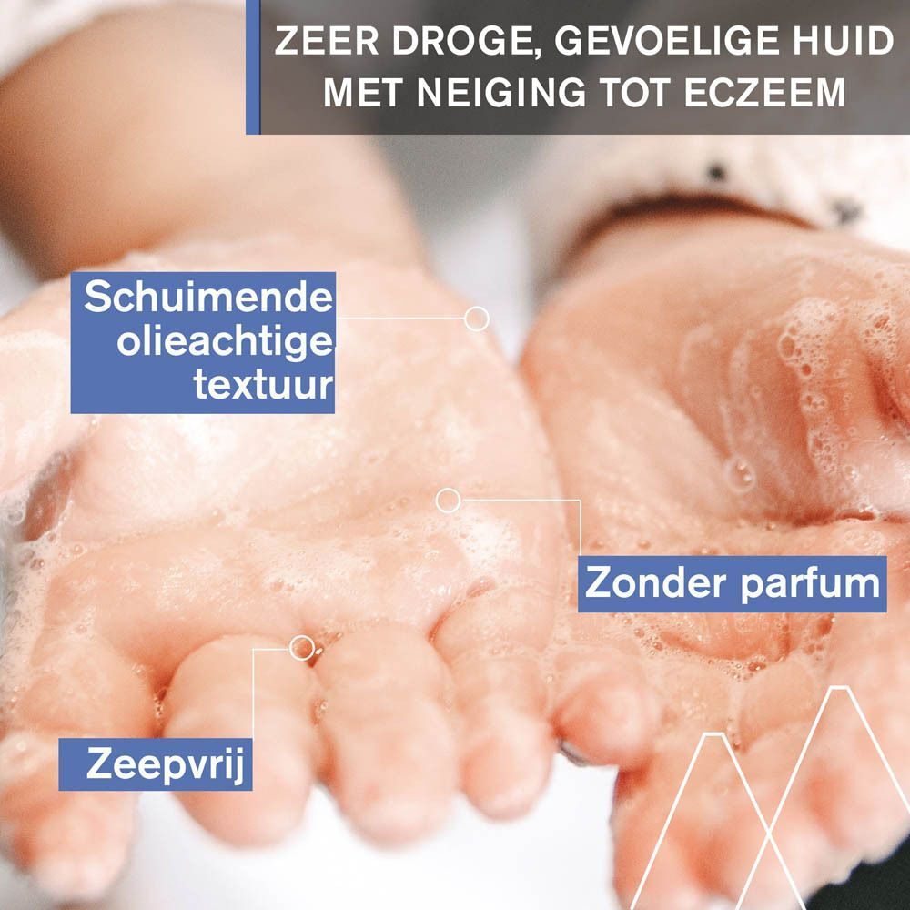Handen met schuimende textuur. Tekst: Zonder zeep, zonder parfum.
