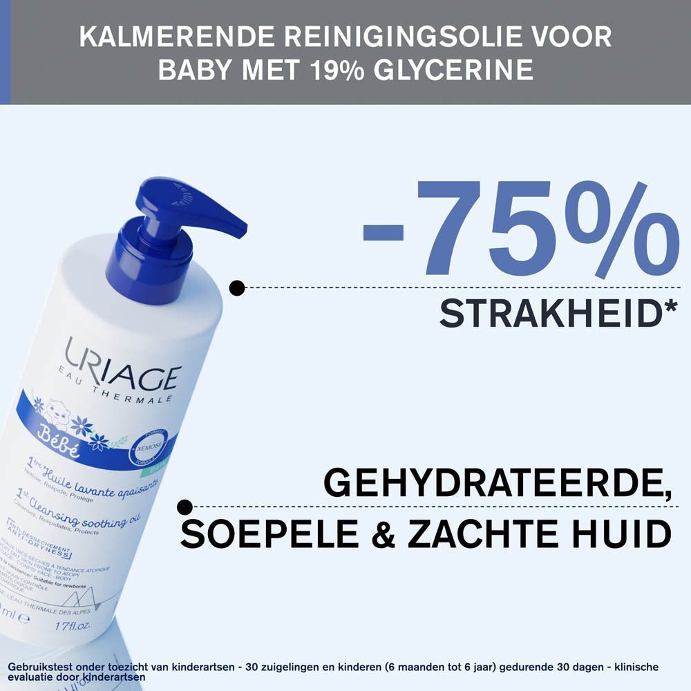 Fles met blauwe pomp. Tekst: -75% trekkerigheid. Gehydrateerde, soepele & zachte huid.