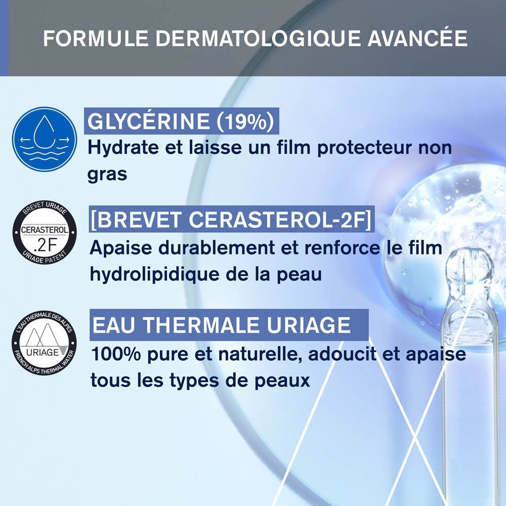 Graphique avec ingrédients: Glycérine (19%), Cerasterol-2F, Eau Thermale Uriage.