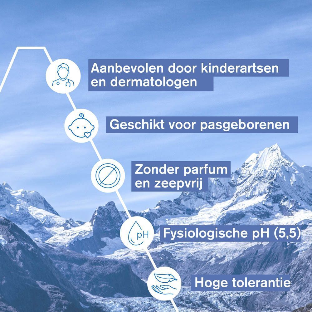 Grafiek met aanbevelingen: Aanbevolen door kinderartsen en dermatologen, geschikt voor pasgeborenen.