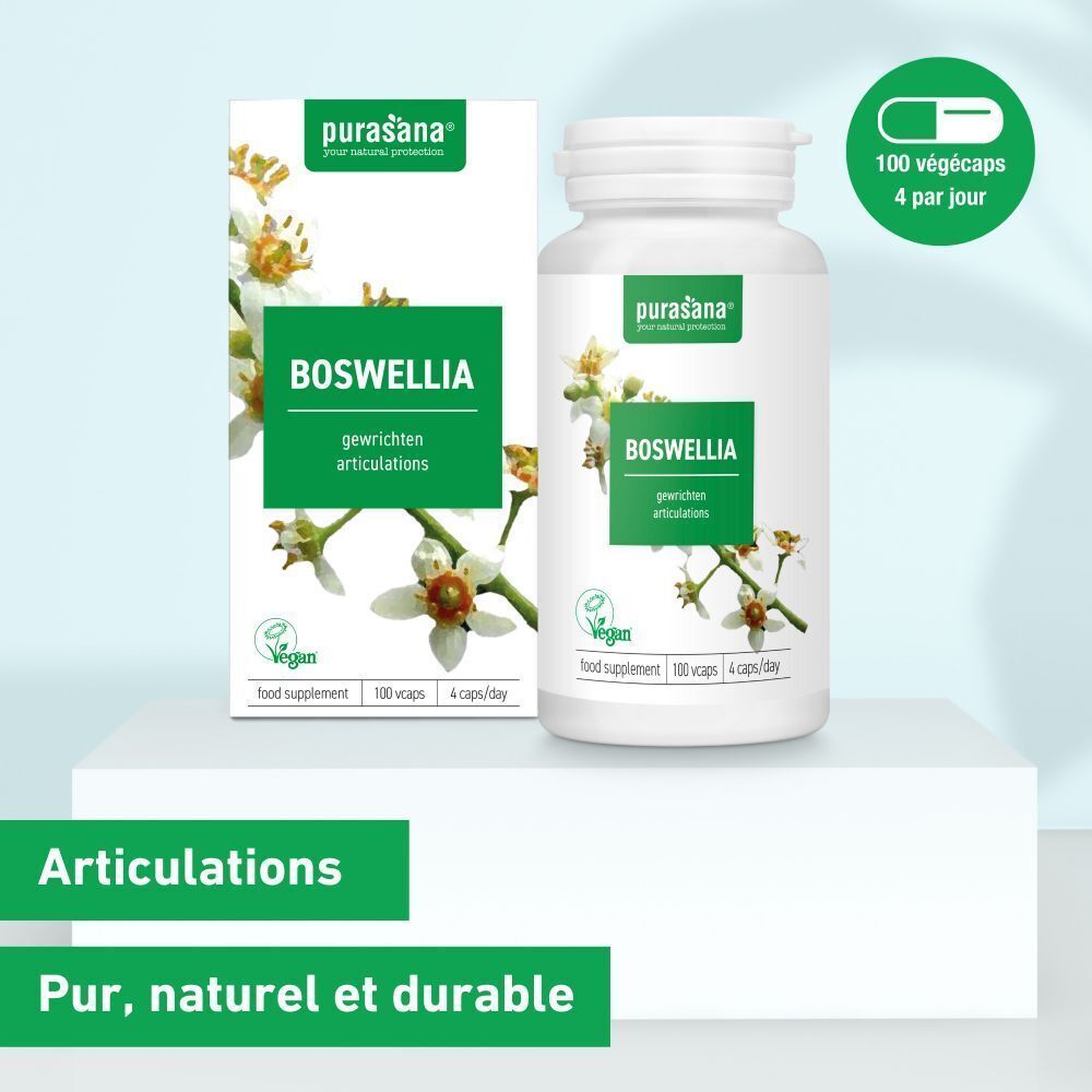 Emballage produit avec flacon et boîte. Inscription : BOSWELLIA, vegan, 100 gélules, 4/jour. Marque : Purasana. Vert : Articulations.