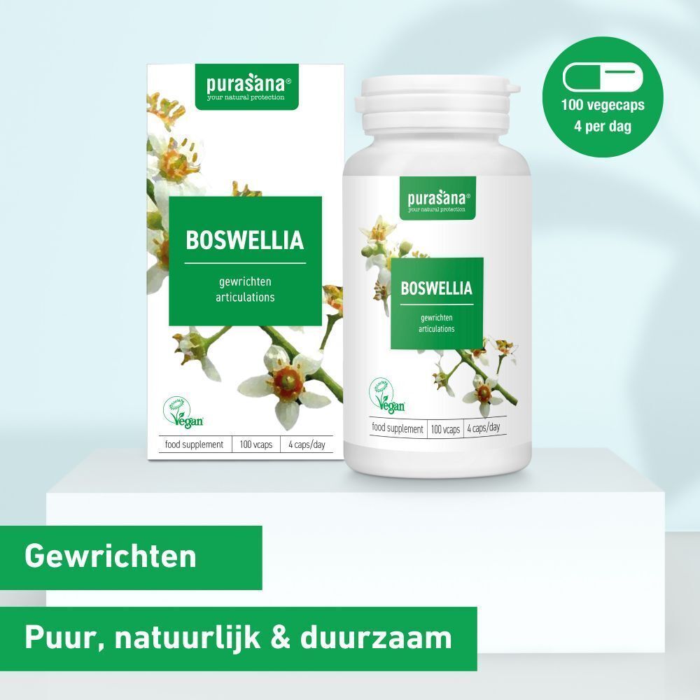 Productverpakking met fles en doos. Opschrift: BOSWELLIA, vegan, 100 capsules, 4/dag. Merk: Purasana. Groen: Gewrichten.