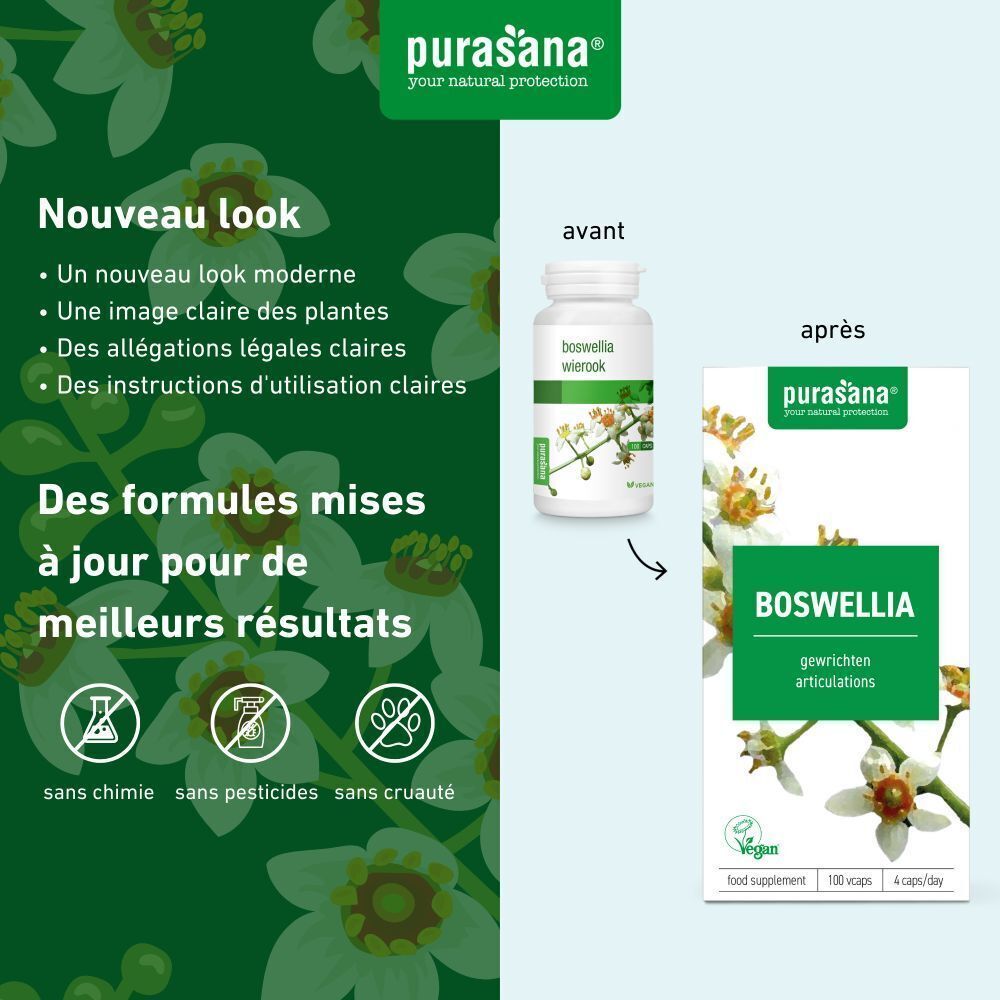 Comparaison de l'ancien et du nouveau design du produit. Flacon et boîte. Inscription : BOSWELLIA. Marque : Purasana. Texte : Nouveau look.