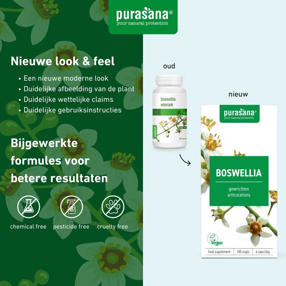 Vergelijking van oud en nieuw productontwerp. Fles en doos. Opschrift: BOSWELLIA. Merk: Purasana. Tekst: Nieuwe look & feel.