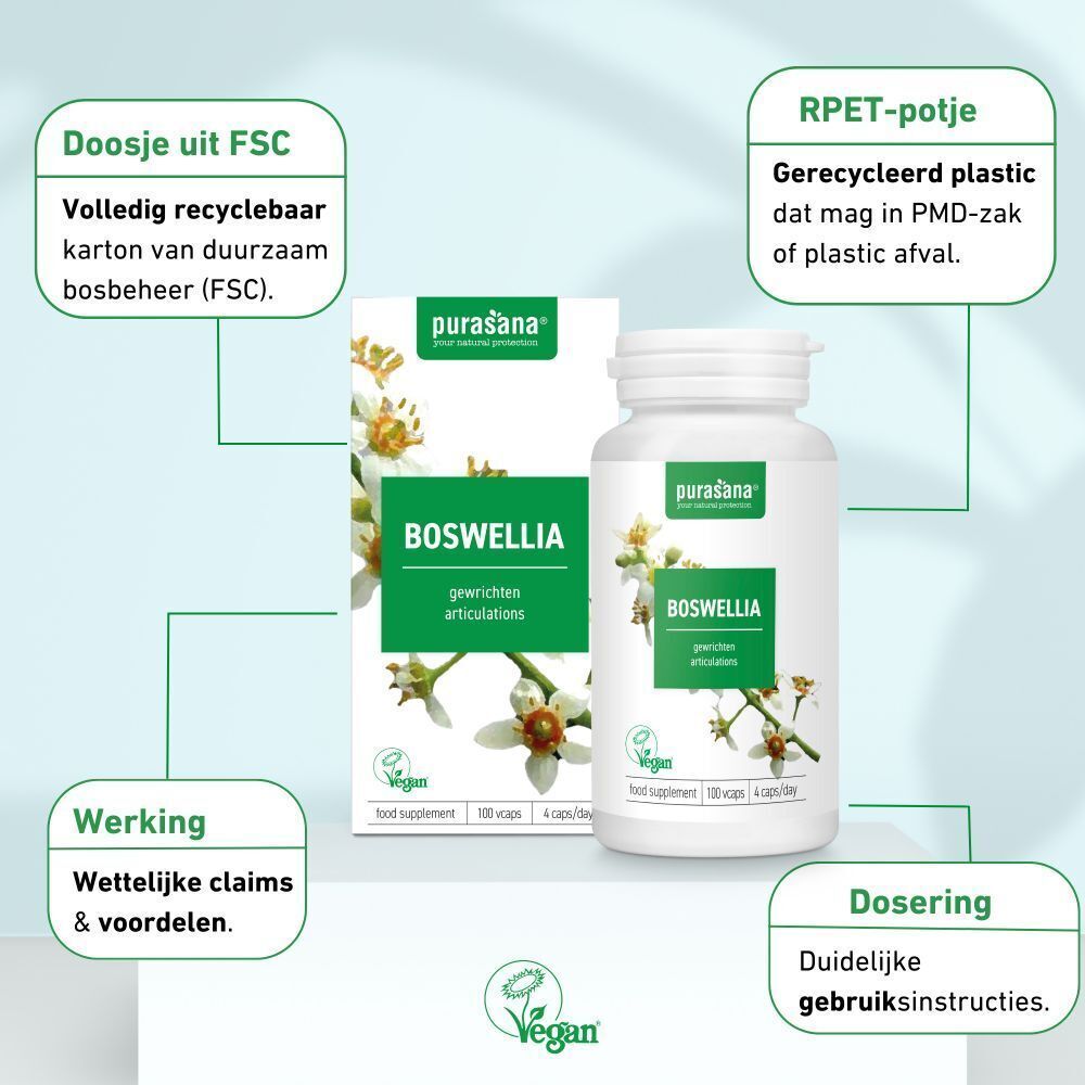 Productverpakking met fles en doos. Opschrift: BOSWELLIA. Merk: Purasana. Tekst: Doosje uit FSC, RPET-potje, Dosering, Werking.