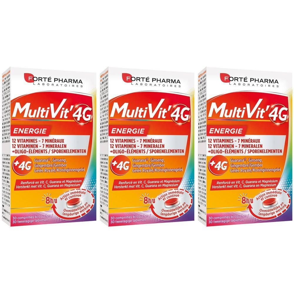 Drie dozen Forte Pharma MultiVit' 4G Energie. Opschrift: 12 vitaminen, 7 mineralen, oligo-elementen. Met +4G-logo.