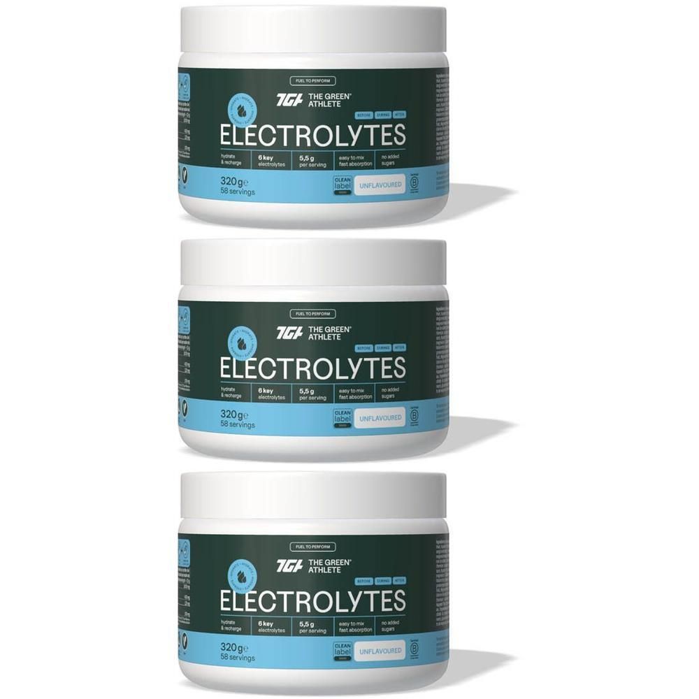 Trois pots blancs avec étiquettes bleu-vert. Inscription: ELECTROLYTES. Marque: THE GREEN ATHLETE. 320g.