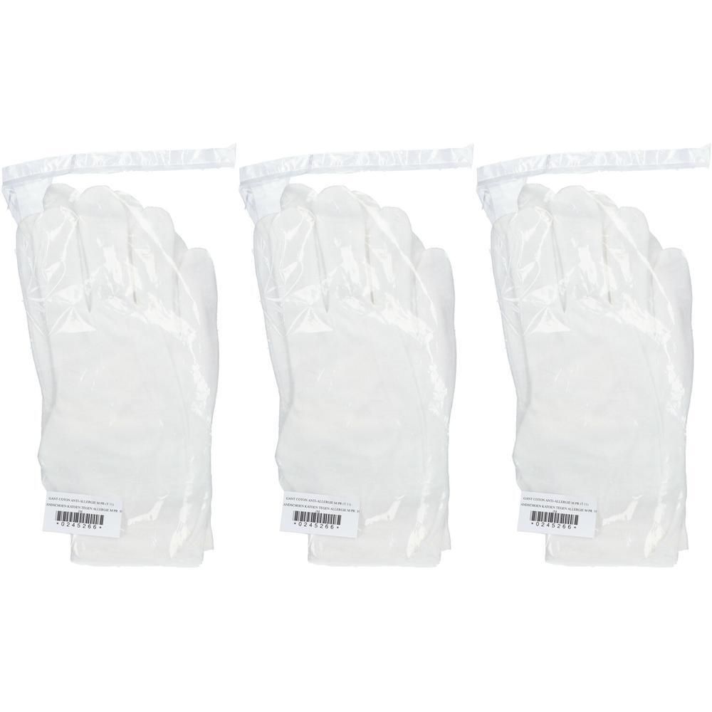 Trois paires de gants jetables blancs emballés dans des sachets en plastique transparent. Chaque paquet a un code-barres.