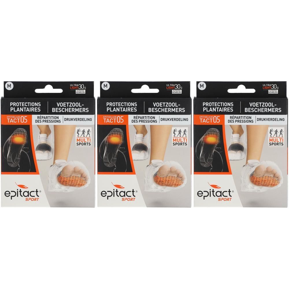 Trois boîtes de protections plantaires Epitact Sport, taille M. Emballage noir et blanc avec illustration et texte du produit.
