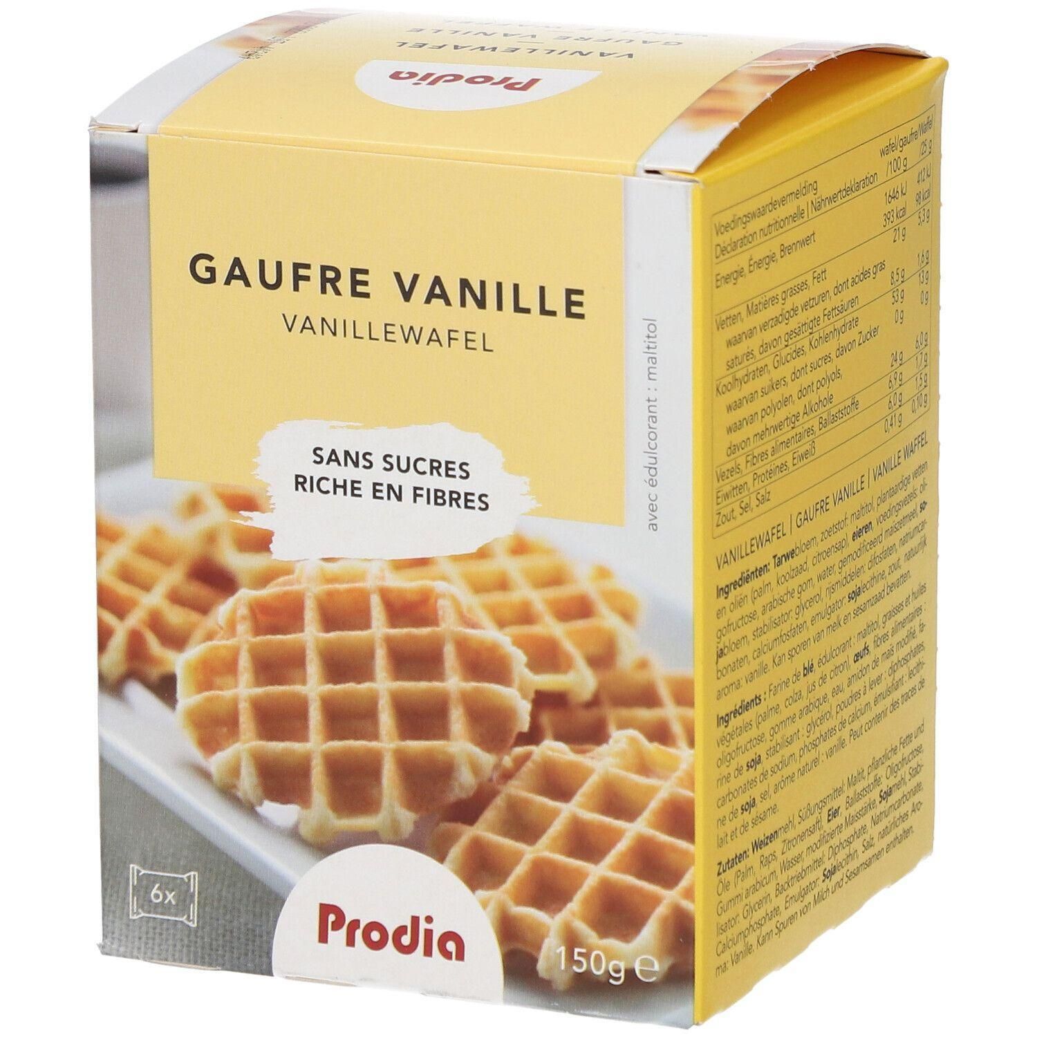 Gele doos met wafels. Opschrift: Gaufre Vanille, Sans Sucres, Riche en Fibres. Merk: Prodia. 150g.
