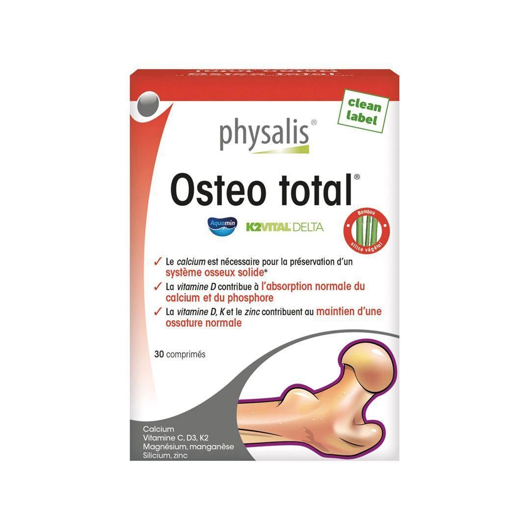 Boîte de Physalis Osteo total. Inscription Osteo total, 30 comprimés. Contient calcium, vitamine C, D3, K2, magnésium, manganèse, sélénium, zinc.