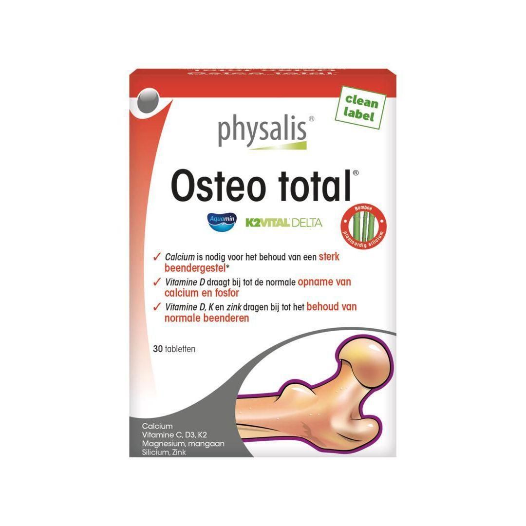 Doosje Physalis Osteo total. Opschrift Osteo total, 30 tabletten. Bevat calcium, vitamine C, D3, K2, magnesium, mangaan, selenium, zink.
