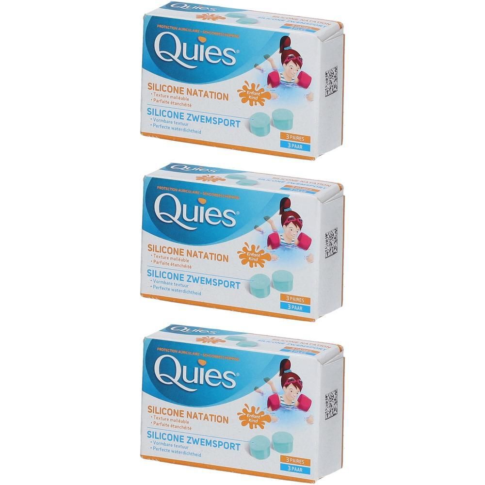 Drie dozen gehoorbescherming. Elke doos toont "Quies", "SILICONE NATATION" en "SILICONE ZWEMSPORT".