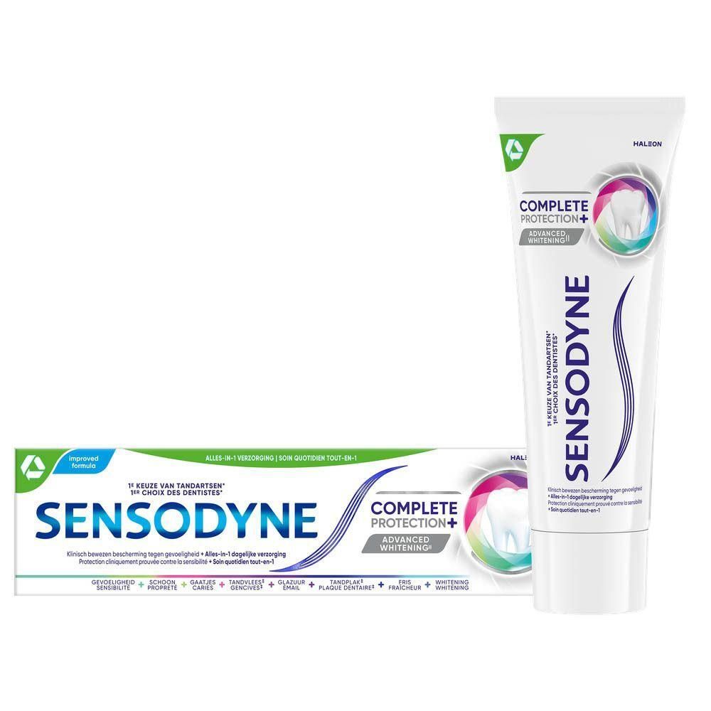 Tandpasta tube en doosje. Merk Sensodyne, Complete Protection+ Advanced Whitening. Groen-witte verpakking.